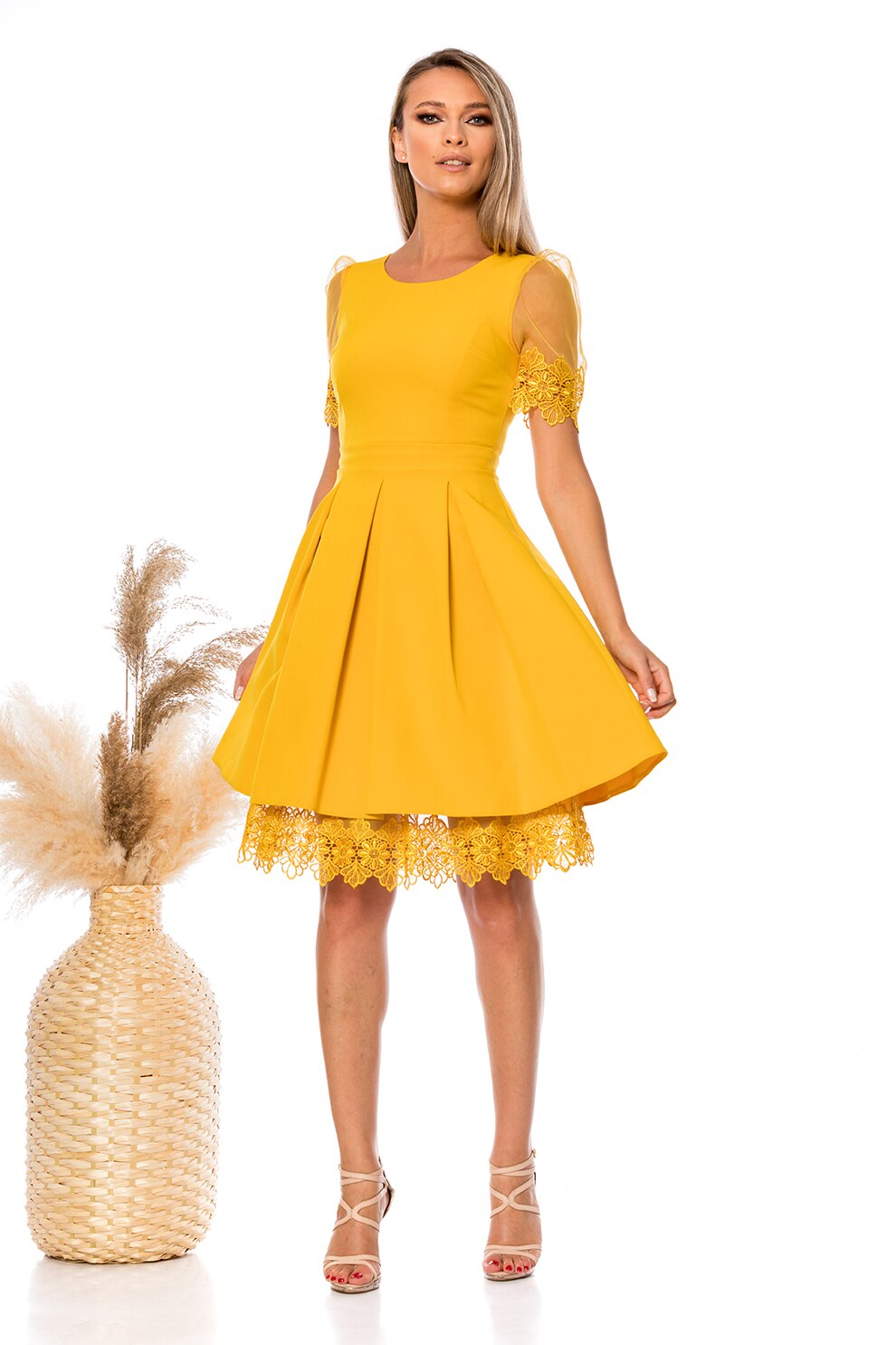 BAROCCA, Rochie midi evazata cu maneci transparente, Galben sofran