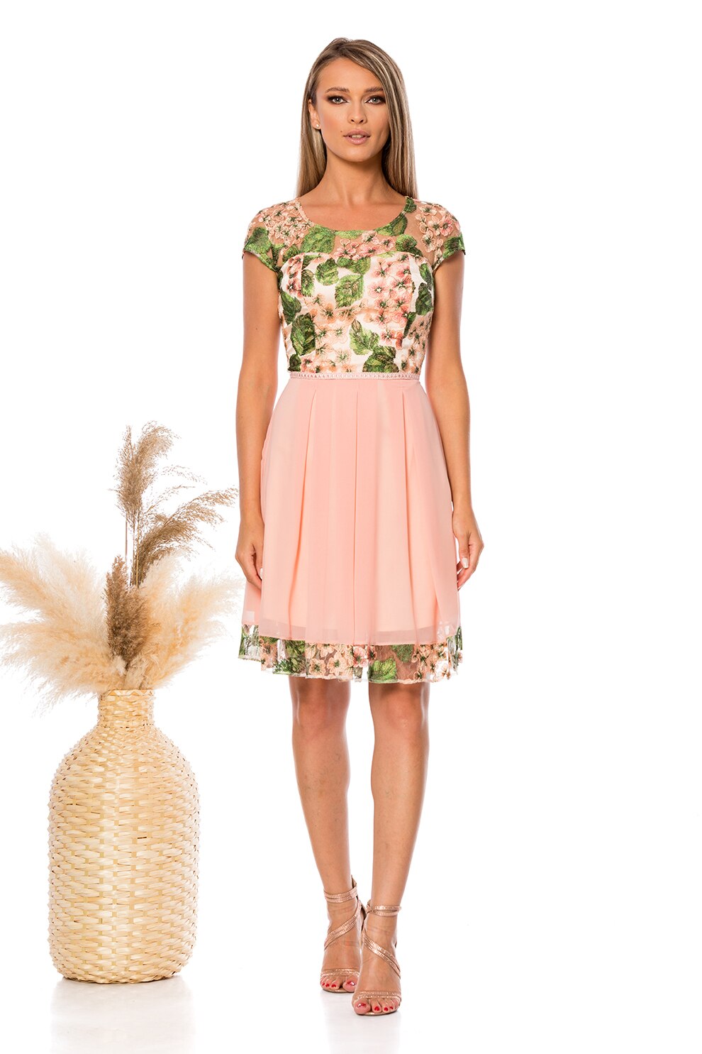 BAROCCA, Rochie evazata cu broderie florala, Roz pastel/Verde