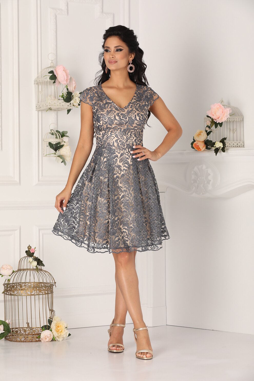 BAROCCA, Rochie evazata cu decolteu in V si strat exterior de dantela, Gri carbune