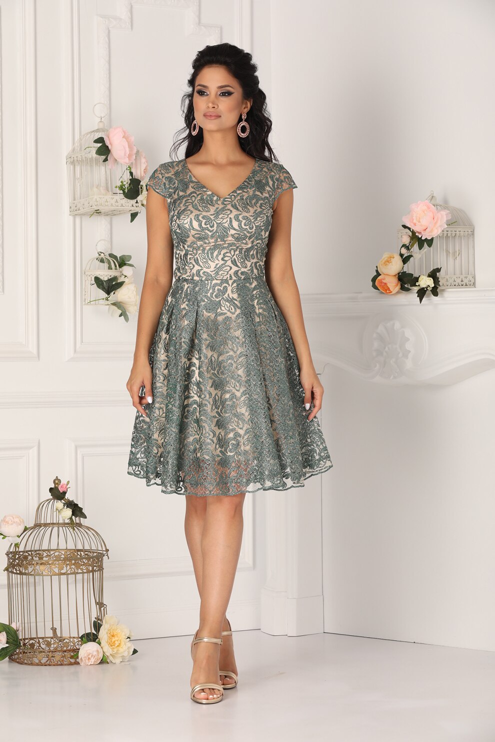 BAROCCA, Rochie evazata cu decolteu in V si strat exterior de dantela, Verde sparanghel