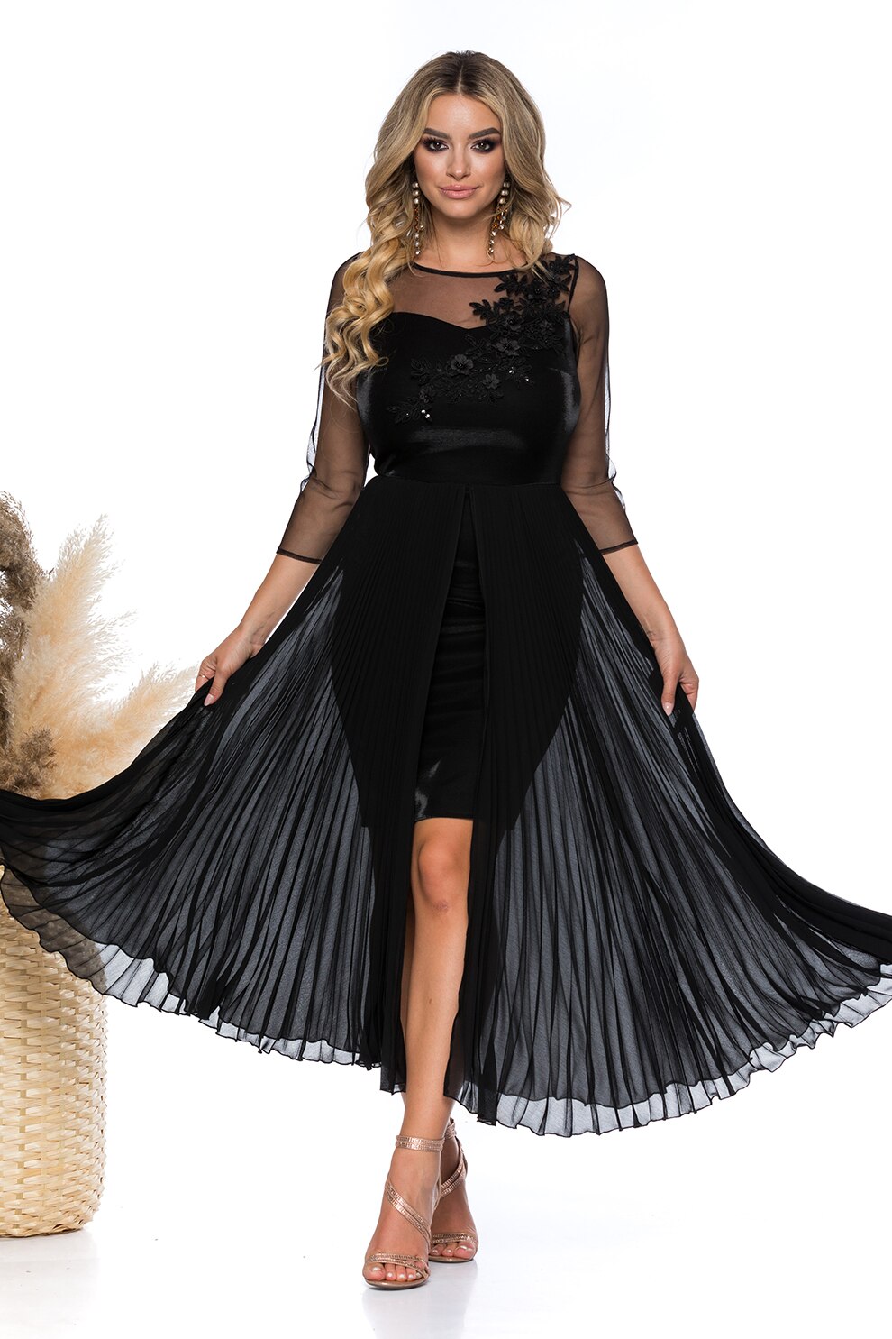 BAROCCA, Rochie cambrata cu strat exterior evazat, Negru
