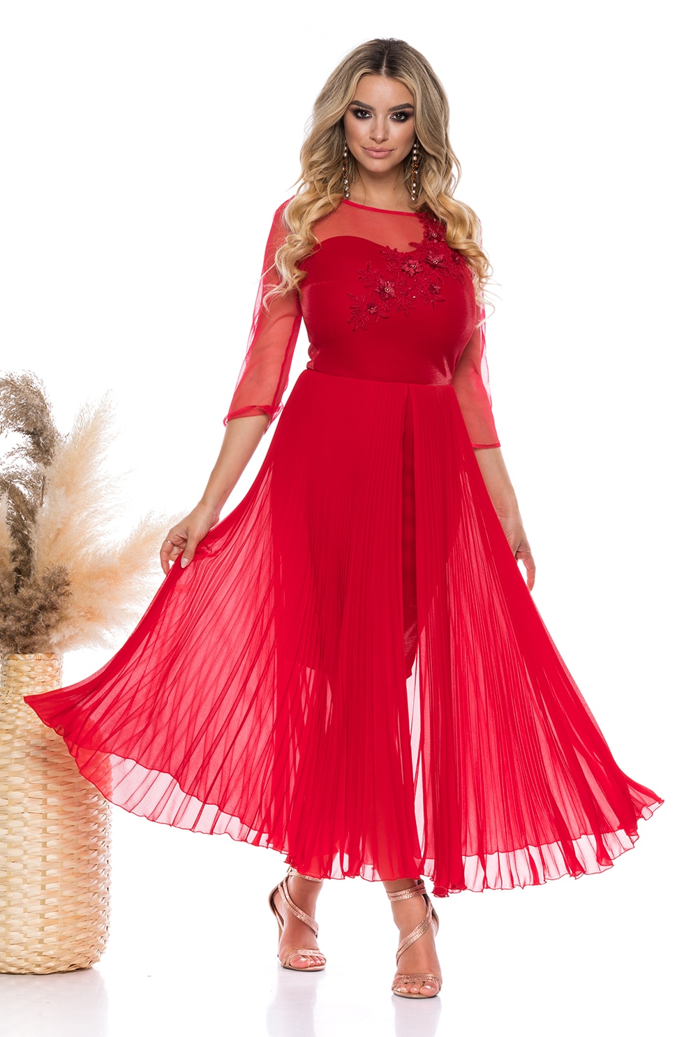 BAROCCA, Rochie cambrata cu strat exterior evazat, Rosu inchis