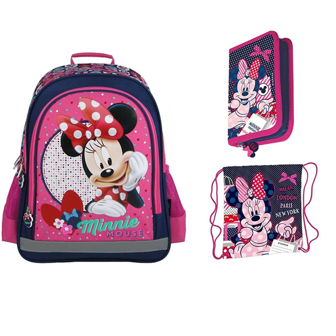 Set Scoala Minnie 3 - Ghiozdan scoala Minnie Mouse, Penar Neechipat, Sac Incaltaminte