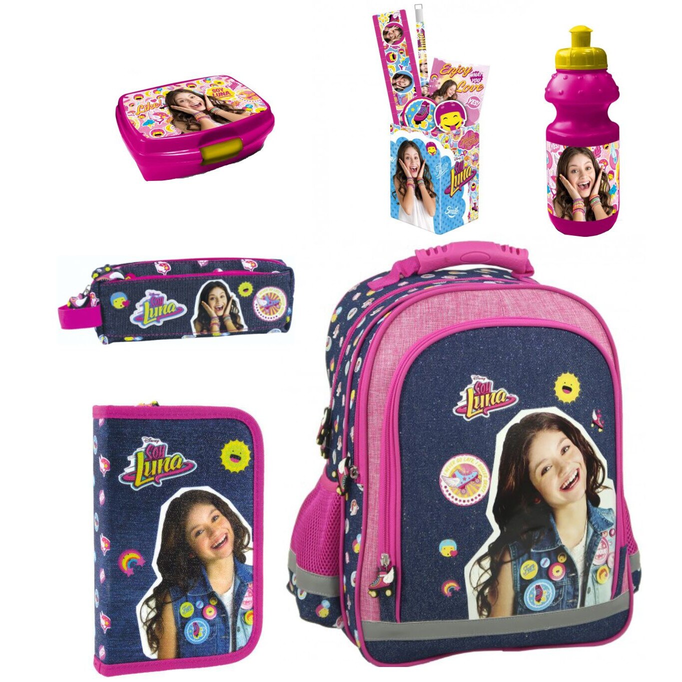Set scoala Soy Luna - Ghiozdan scoala, Penar neechipat, Penar etui, Sticla apa si Cutie alimente, Suport instrumente de scris