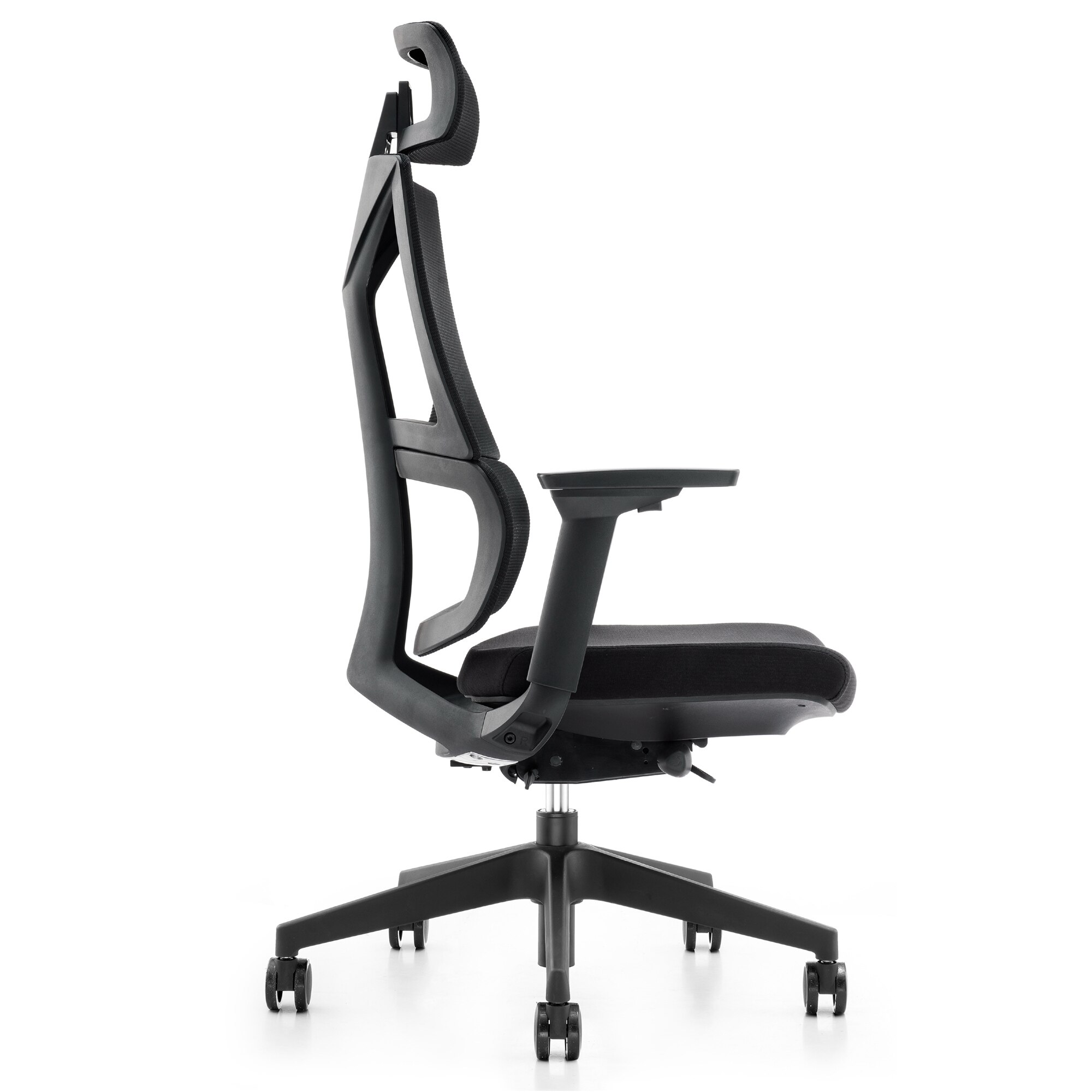 Scaun Kyoto H, negru, spatar mesh, tetiera reglabila, brate 3D, mecanism lux cu fixare in 3 pozitii si translatie sezut