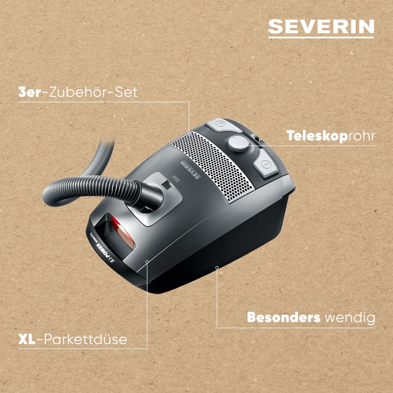 SEVERIN Aspirator de podea cu sac S'POWER, aspirator puternic si silentios cu roti la 360deg, filtru HEPA 13, accesorii pentru parchet si mocheta, gri platina - rosu granat, BC 7045