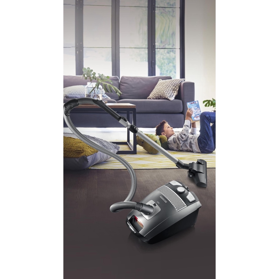 SEVERIN Aspirator de podea cu sac S'POWER, aspirator puternic si silentios cu roti la 360deg, filtru HEPA 13, accesorii pentru parchet si mocheta, gri platina - rosu granat, BC 7045
