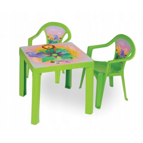 Set Mobilier pentru Copii, Masa si 2 Scaune, Tematica Animale, Verde