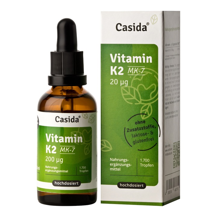 Supliment alimentar, Casida, Vitamina K2 20 μg MK7 vegan, Pentru sanatate zilnica, Picaturi, 50 ml