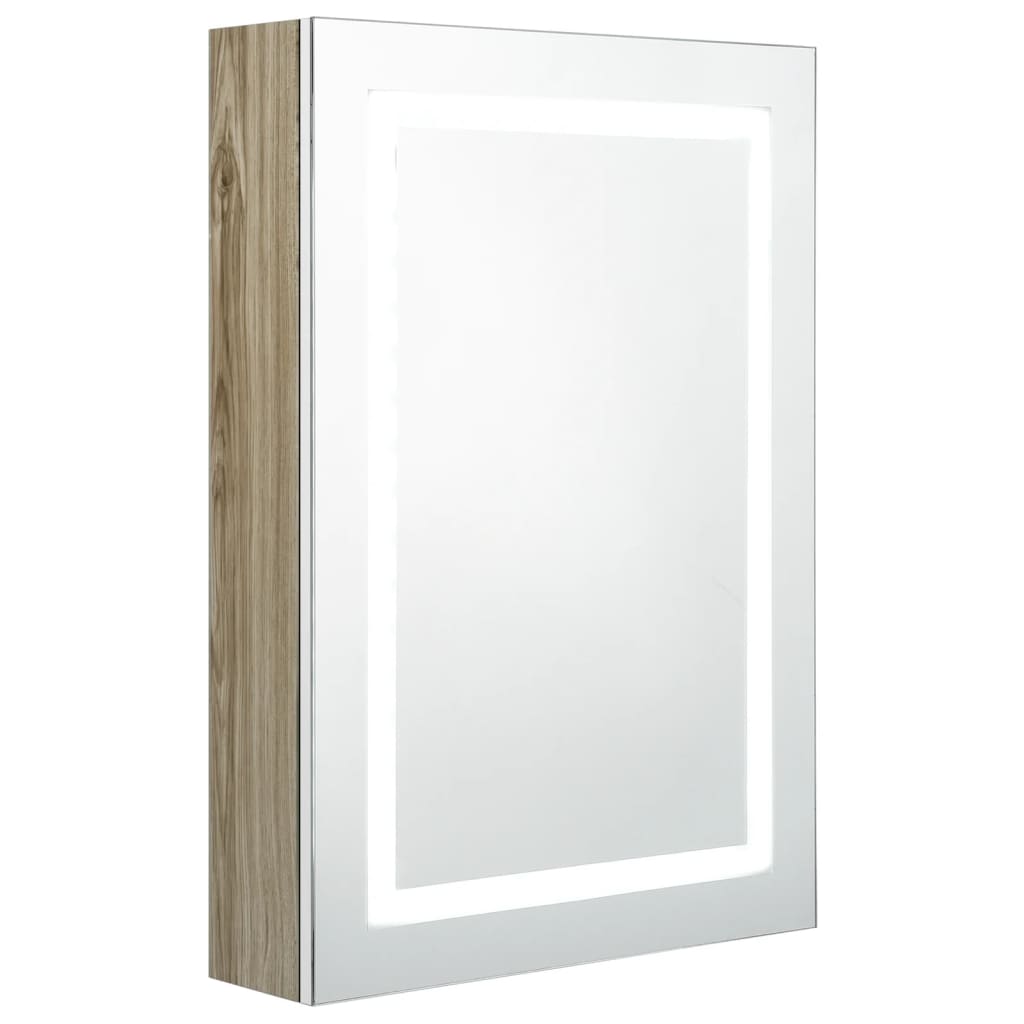 Dulap de baie cu oglinda si LED vidaXL, MDF, 50 x 13 x 70 cm, Alb/Stejar