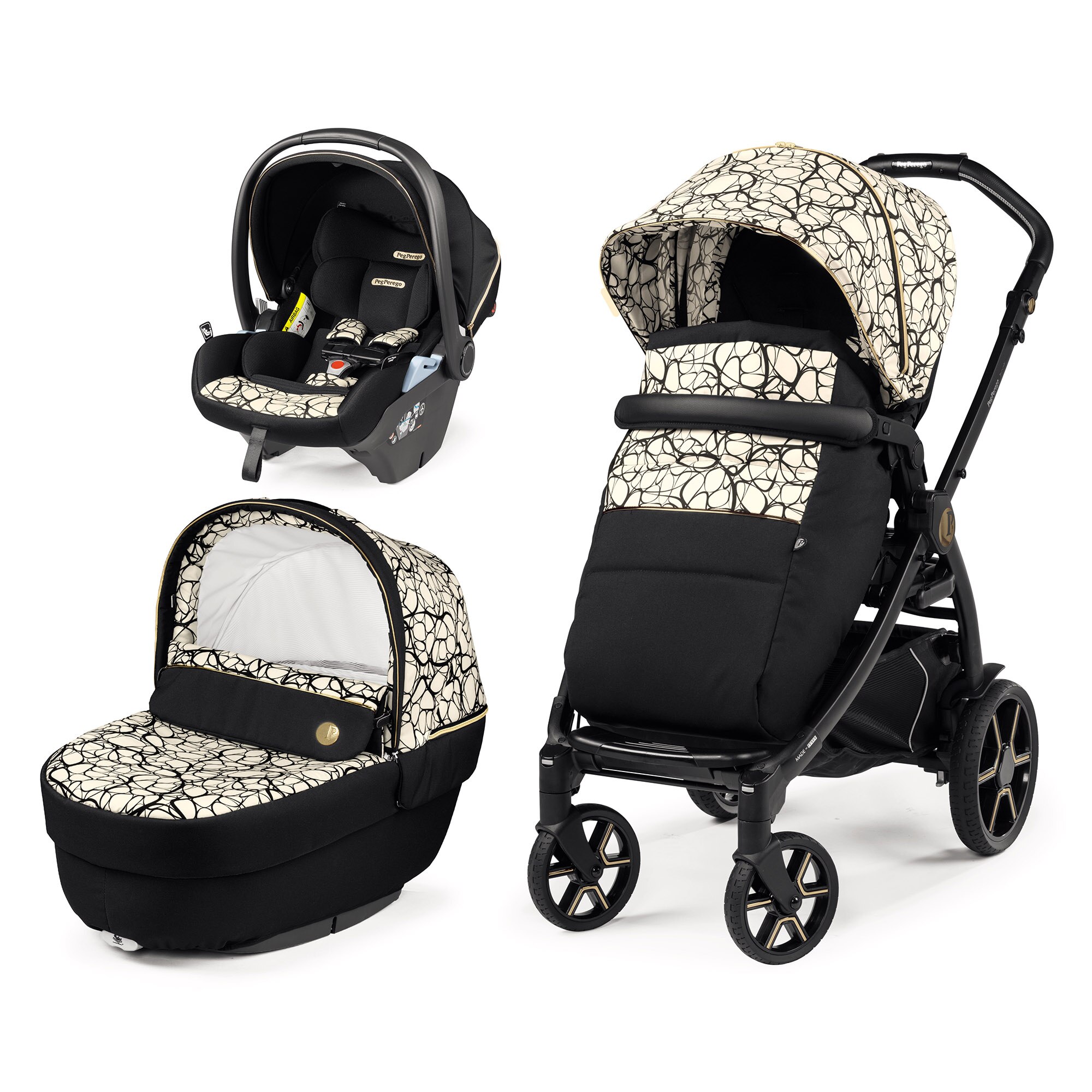 Carucior 3 in 1 Peg Perego Book Lounge Graphic Gold, 0 - 22 kg, Negru/Bej