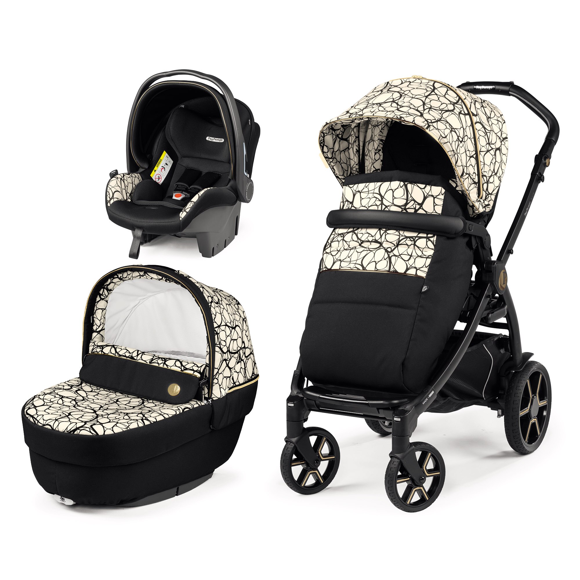 Carucior 3 in 1 Peg Perego Book Primoviaggio SL Graphic Gold, 0 - 22 kg, Negru/Bej