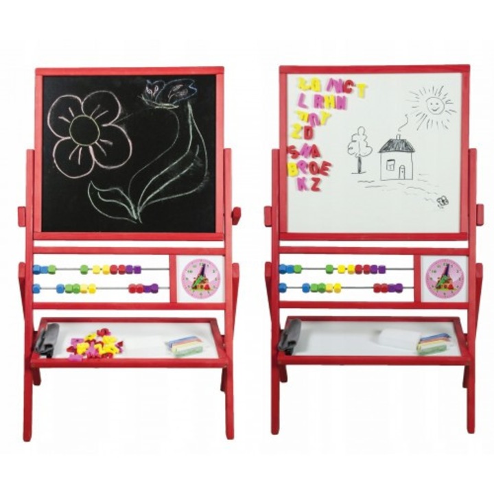 Tabla rotativa Multifunctionala din lemn cu accesorii, Numaratoare Abacus si Ceas, Rosu