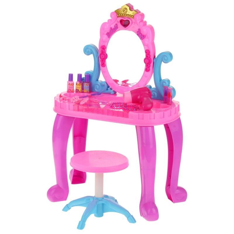 Masuta de Machiaj pentru Fetite, cu Scaunel si Oglinda, Efecte Sonore si Luminoase, Include Uscator, Bratari, Lac de Unghii, Inele, Ruj, Inaltime 68 cm, 3ani+, Roz