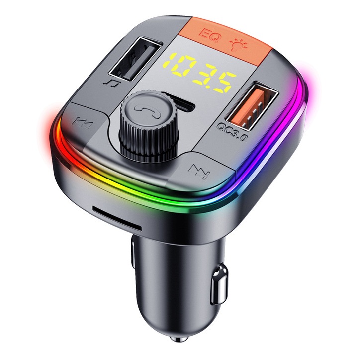 Adaptor Bluetooth auto, transmitator FM, player MP3, incarcator rapid QC3.0 si USB-C dublu, afisaj LED, compatibilitate larga, Negru