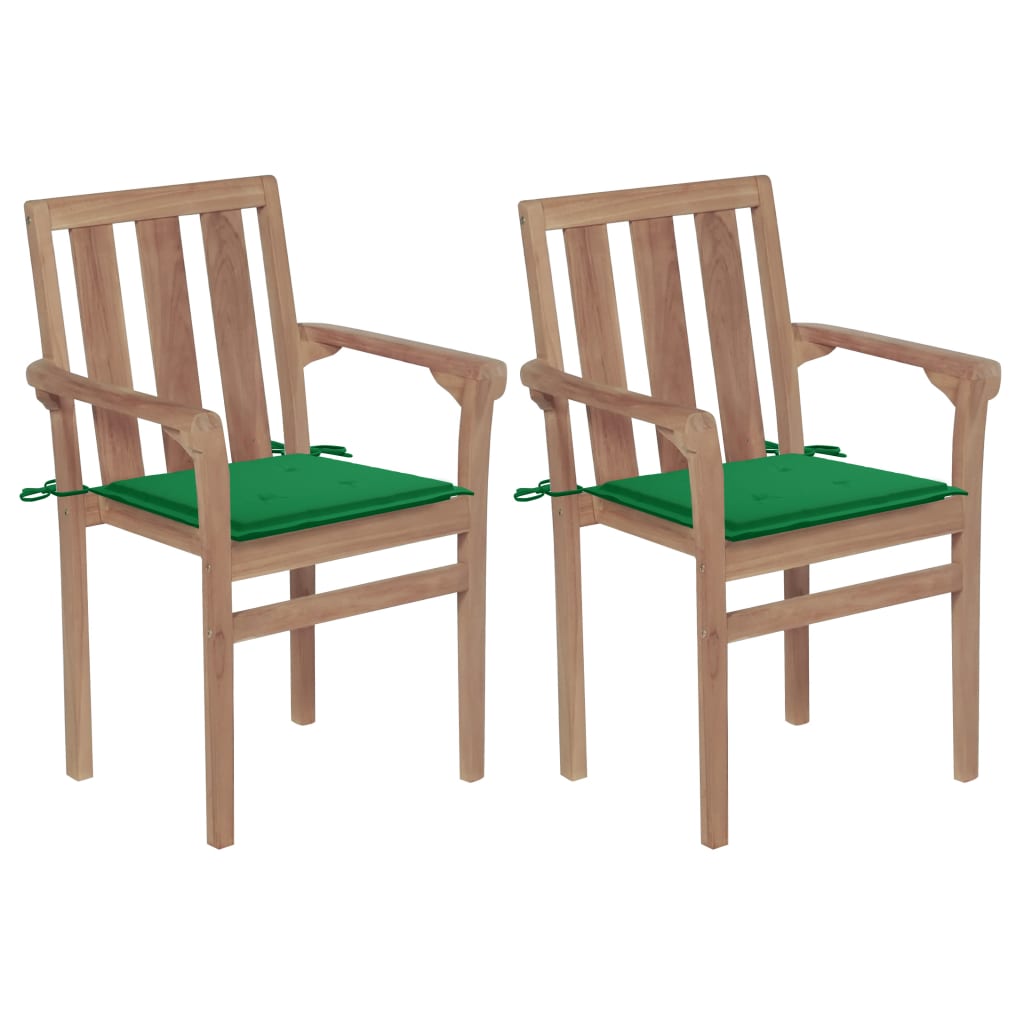 Set de 2 scaune de gradina cu perne, vidaXL, Lemn de tec slefuit - poliester, 58 x 50 x 89 cm, Maro/Verde
