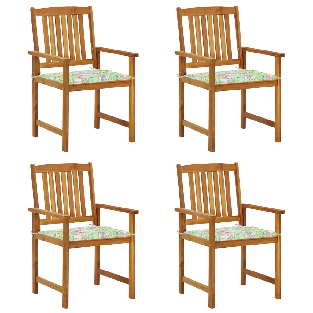 Set de 4 scaune de regizor, de gradina, cu perne, vidaXL, Lemn de acacia-poliester, 61 x 57 x 92 cm, Maro/Perne model tropical