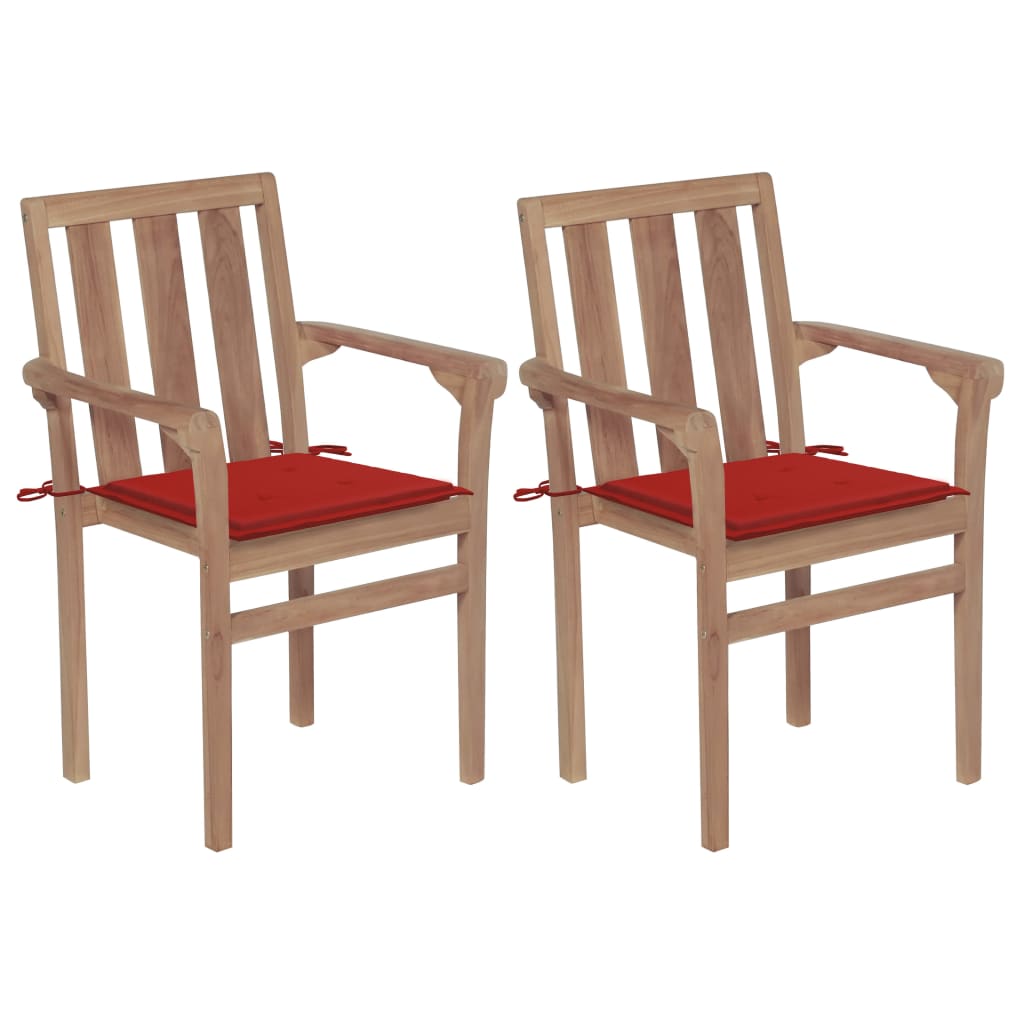Set de 2 scaune de gradina cu perne, vidaXL, Lemn de tec slefuit - poliester, 58 x 50 x 89 cm, Maro/Rosu