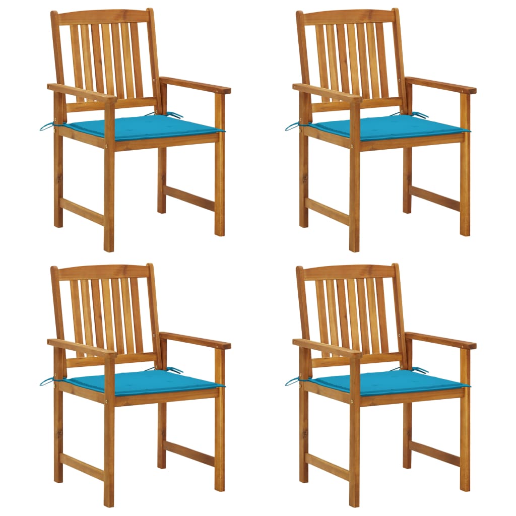 Set de 4 scaune de regizor, de gradina, cu perne, vidaXL, Lemn de acacia-poliester, 61 x 57 x 92 cm, Maro/Albastru