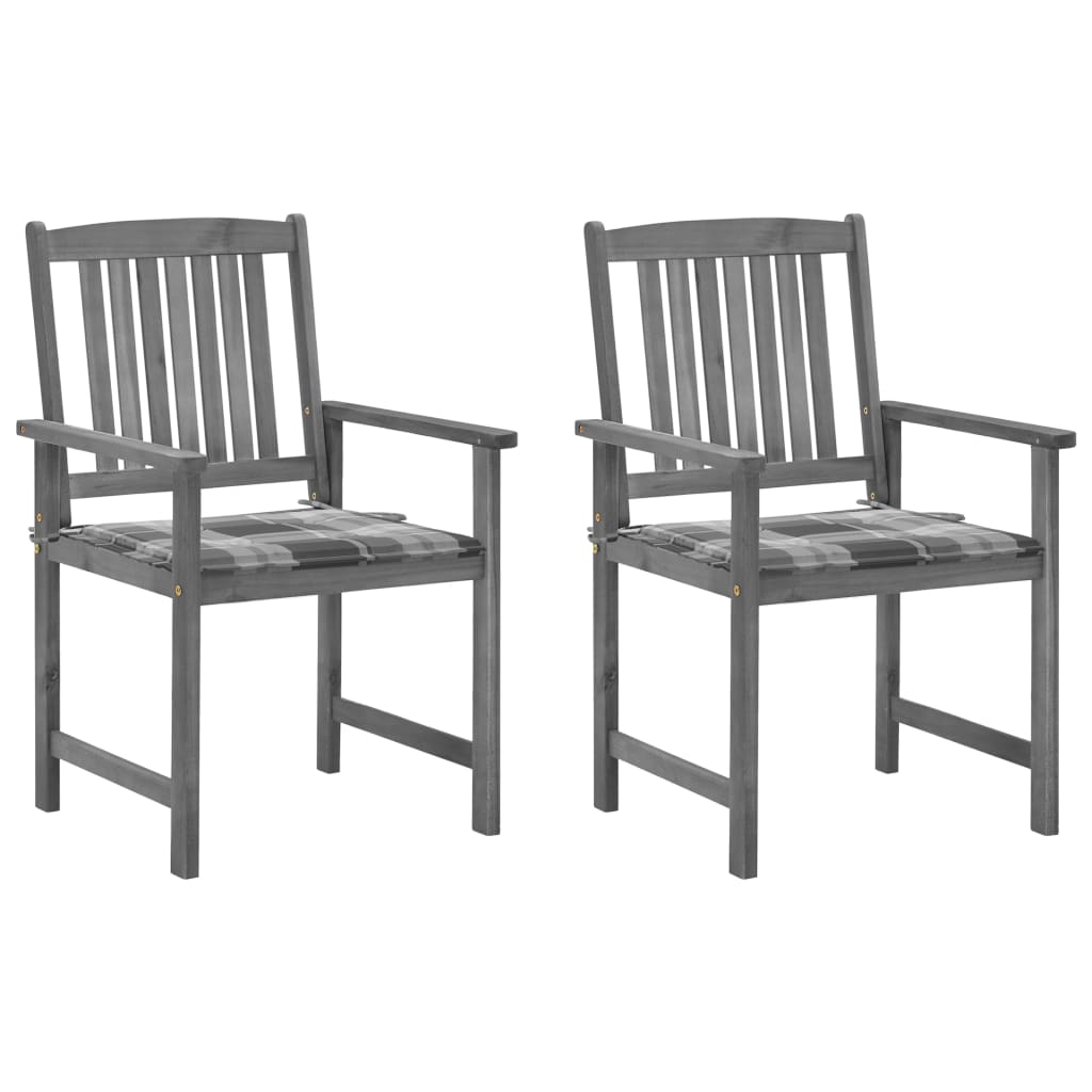 Set de 2 scaune de regizor, de gradina, cu perne, vidaXL, Lemn de acacia-poliester, 61 x 57 x 92 cm, Gri/Perne model carouri gri