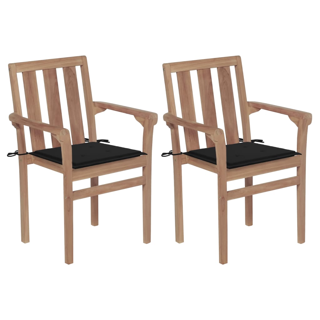 Set de 2 scaune de gradina cu perne, vidaXL, Lemn de tec slefuit - poliester, 58 x 50 x 89 cm, Maro/Negru