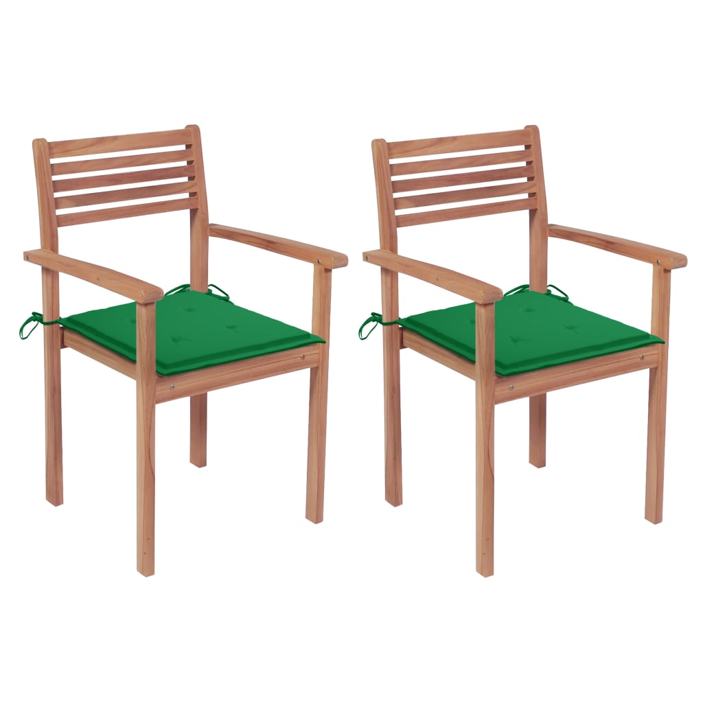 Set de 2 scaune de gradina cu perne, vidaXL, Lemn de tec slefuit fin - poliester, 56 x 51 x 90 cm, 4 cm, Maro/Verde
