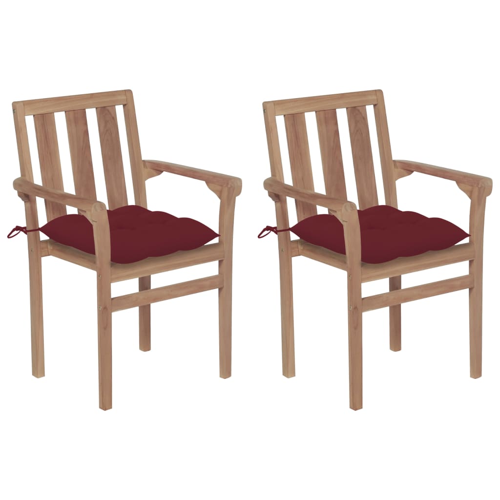 Set de 2 scaune de gradina cu perne, vidaXL, Lemn de tec slefuit - poliester, 58 x 50 x 89 cm, 7 cm, Maro/Rosu bordo