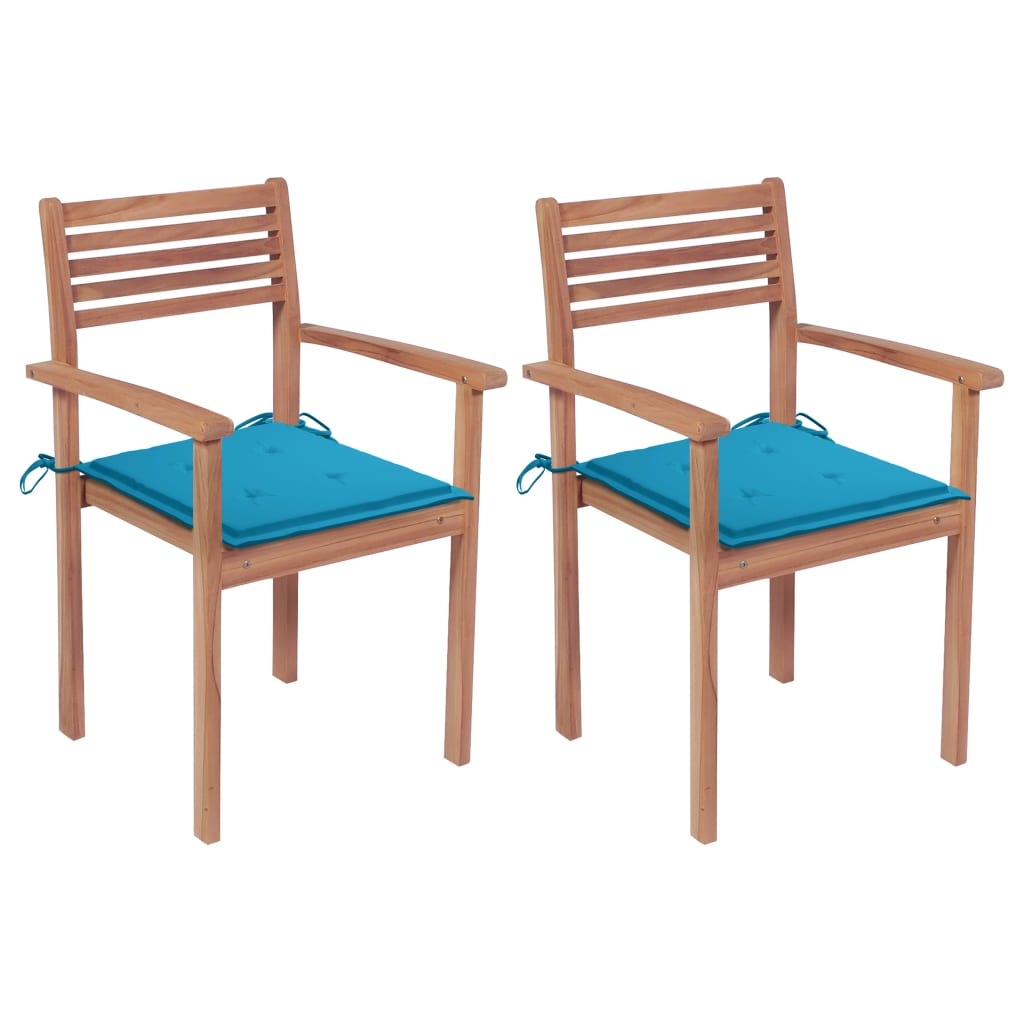 Set de 2 scaune de gradina cu perne, vidaXL, Lemn de tec slefuit fin - poliester, 56 x 51 x 90 cm, 4 cm, Maro/Albastru deschis