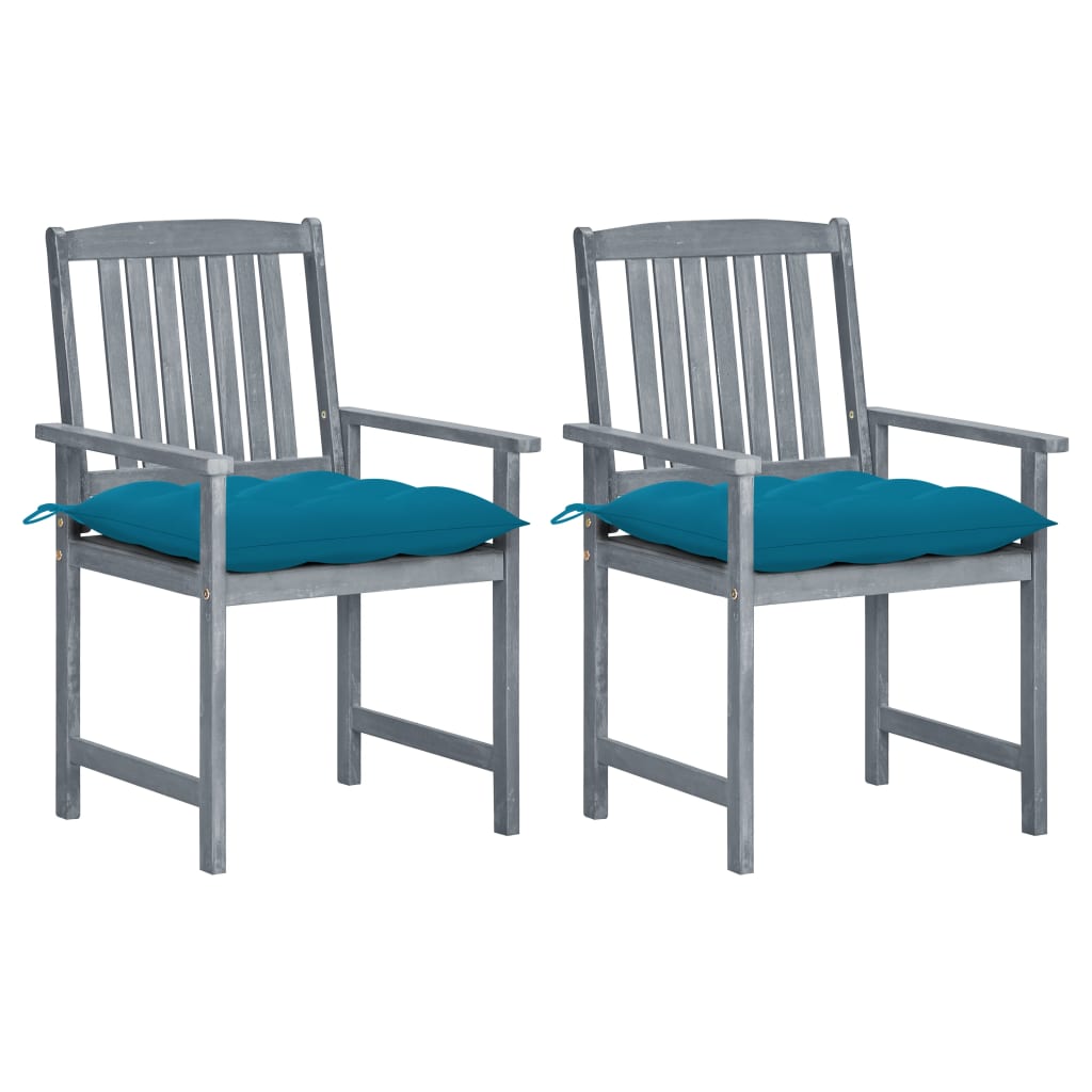 Set de 2 scaune de regizor, de gradina, cu perne, vidaXL, Lemn de acacia-poliester, 57 x 60 x 92 cm, 7 cm, Gri/Albastru