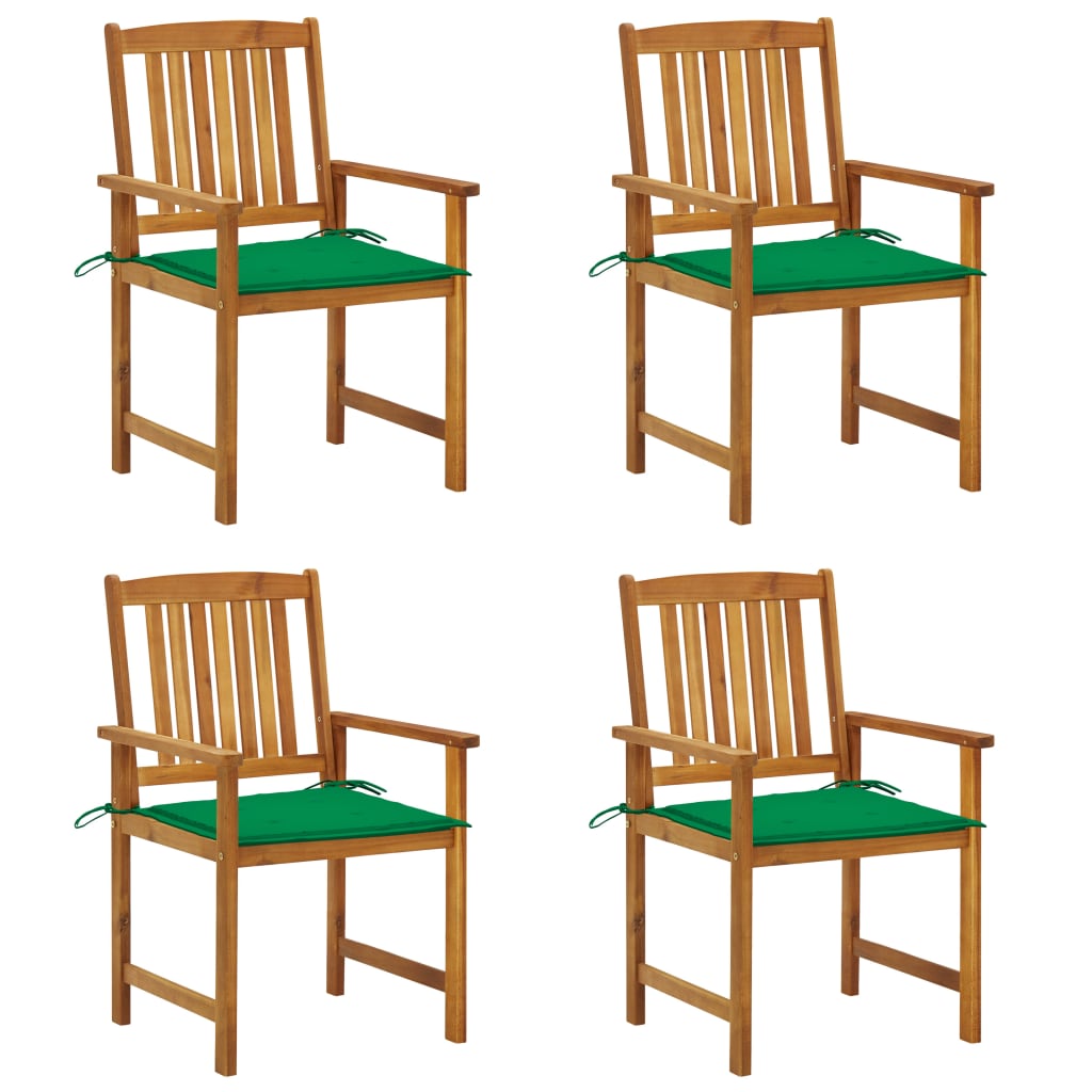 Set de 4 scaune de regizor, de gradina, cu perne, vidaXL, Lemn de acacia-poliester, 61 x 57 x 92 cm, Maro/Verde