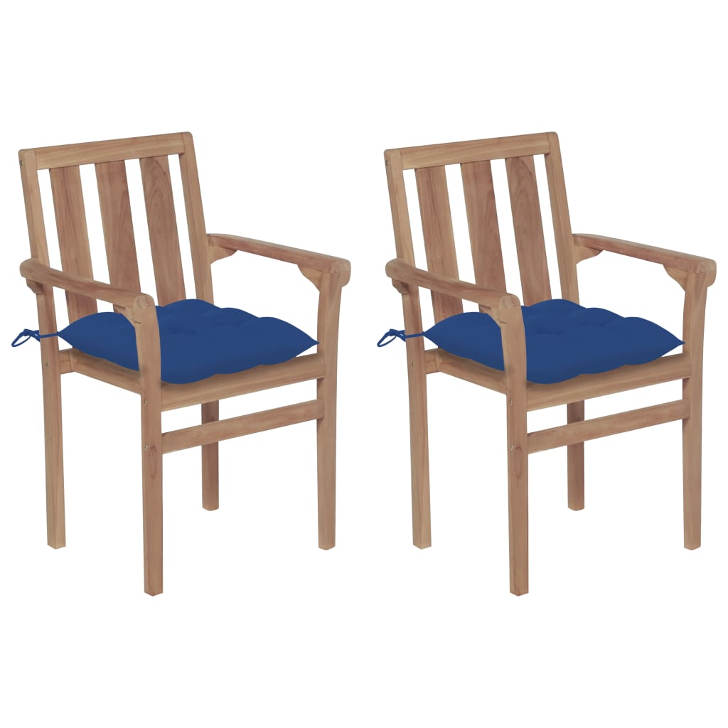 Set de 2 scaune de gradina cu perne, vidaXL, Lemn de tec slefuit - poliester, 58 x 50 x 89 cm, 7 cm, Maro/Albastru