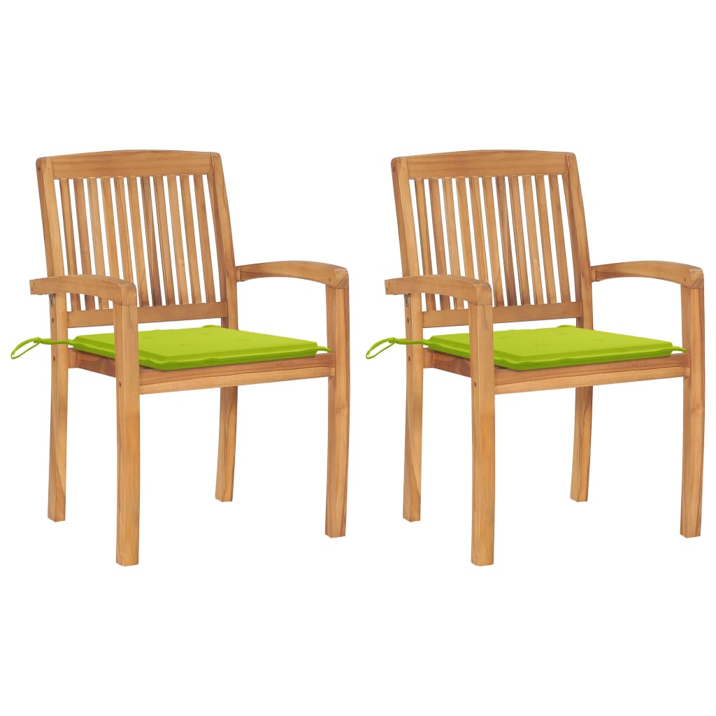 Set de 2 scaune de exterior, vidaXL, Lemn de tec/Poliester, 60 x 57,5 x 90 cm, 4 cm, Maro miere-Perne verde aprins