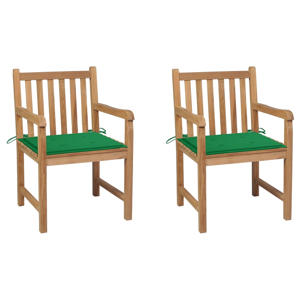 Set de 2 scaune de exterior cu perne, vidaXL, Lemn masiv de tec si poliester, 58 x 60 x 90 cm, Maro/Perne verde