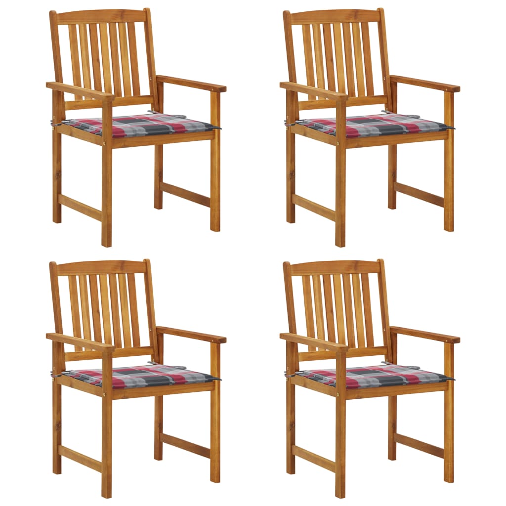 Set de 4 scaune de regizor, de gradina, cu perne, vidaXL, Lemn de acacia-poliester, 61 x 57 x 92 cm, Maro/Perne model carouri gri-rosu