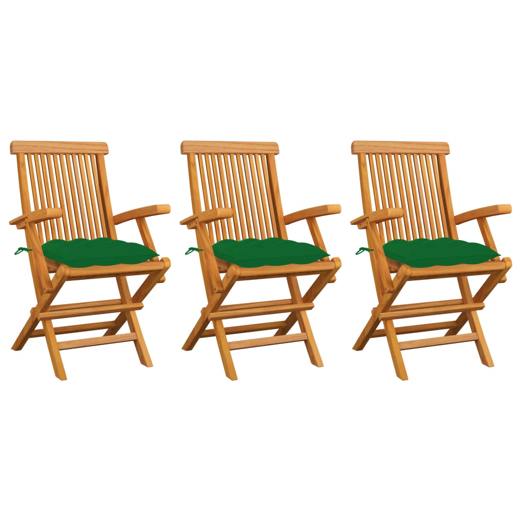 Set de 3 scaune pliabile de exterior, vidaXL, Lemn de tec-Poliester, 55 x 60 x 89 cm, 7 cm, Maro/Perne verde