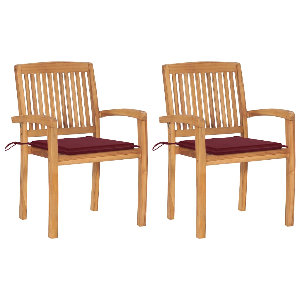 Set de 2 scaune de exterior, vidaXL, Lemn de tec, 50 x 53 x 90 cm, 7 cm, Maro miere-Perne rosu bordo