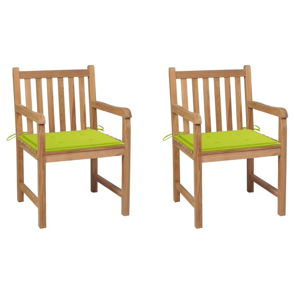 Set de 2 scaune de exterior cu perne, vidaXL, Lemn masiv de tec si poliester, 58 x 60 x 90 cm, Maro/Perne verde aprins