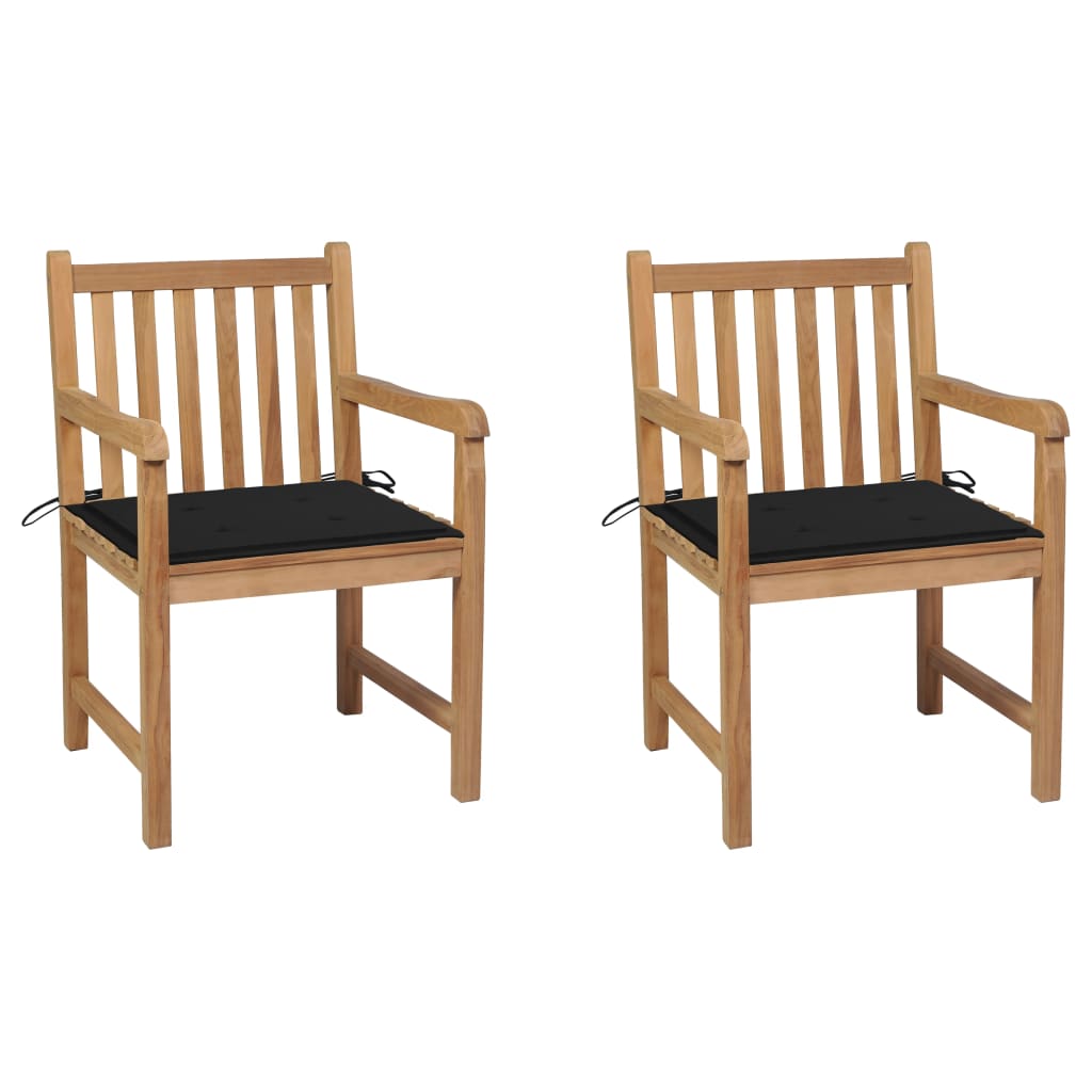 Set de 2 scaune de exterior cu perne, vidaXL, Lemn masiv de tec si poliester, 58 x 60 x 90 cm, Maro/Perne negru