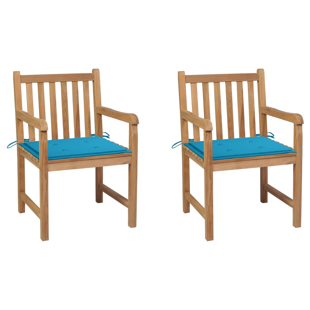 Set de 2 scaune de exterior cu perne, vidaXL, Lemn masiv de tec si poliester, 58 x 60 x 90 cm, Maro/Perne Albastru deschis