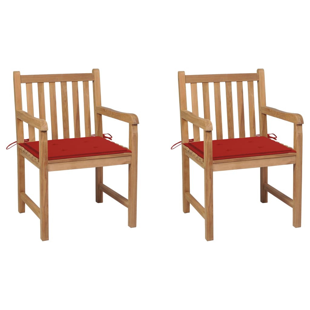Set de 2 scaune de exterior cu perne, vidaXL, Lemn masiv de tec si poliester, 58 x 60 x 90 cm, Maro/Perne rosu
