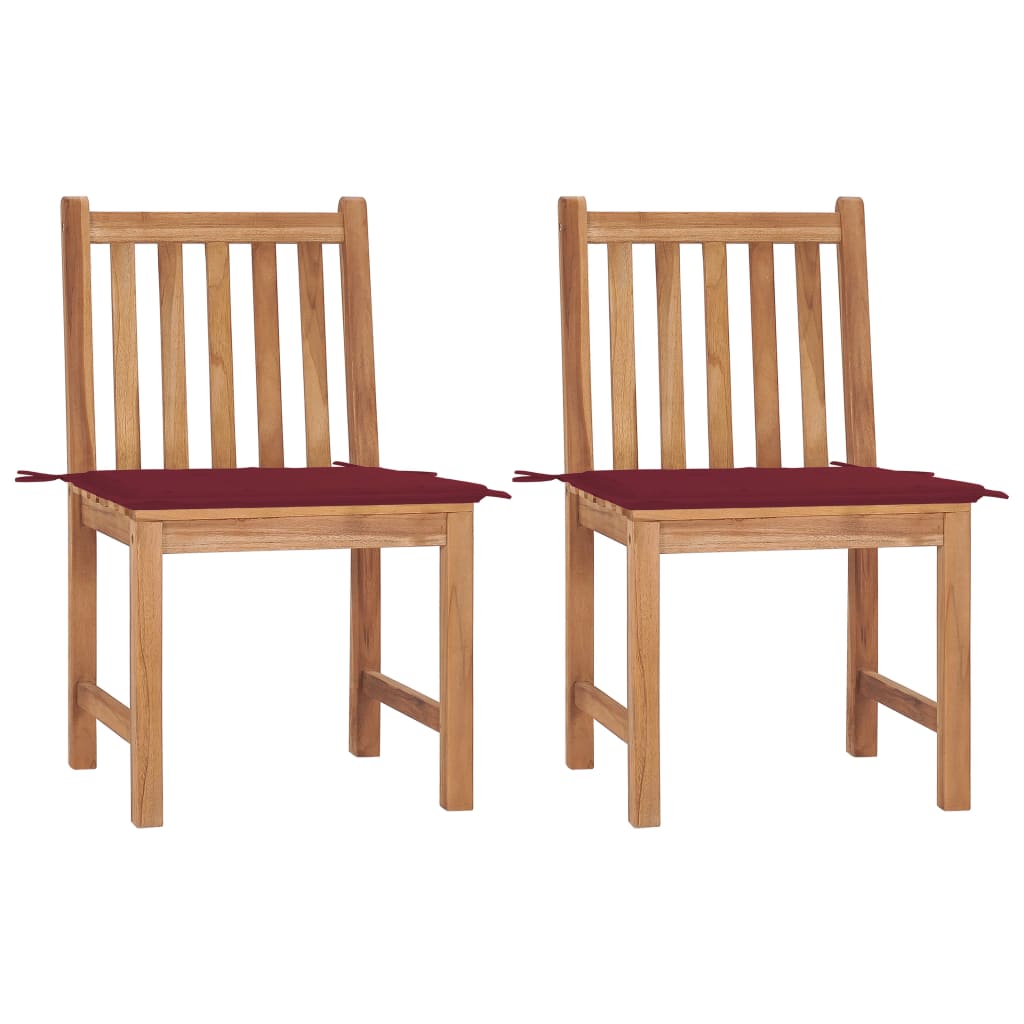 Set de 2 scaune de exterior, cu perne, vidaXL, Lemn de tec, 50 x 53 x 90 cm, 4 cm, Maro-Perne rosu bordo