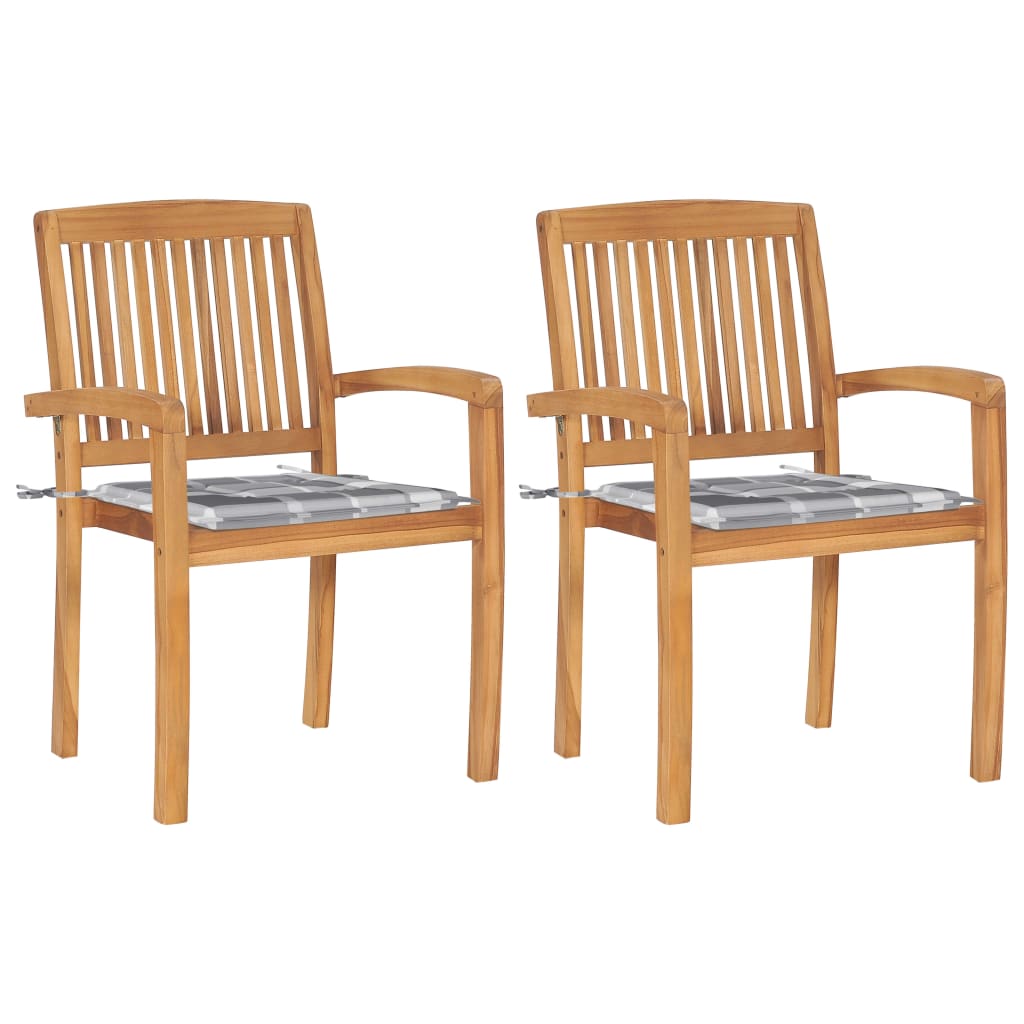 Set de 2 scaune de exterior, vidaXL, Lemn de tec/Poliester, 60 x 57,5 x 90 cm, 4 cm, Maro miere-Perne model carouri gri