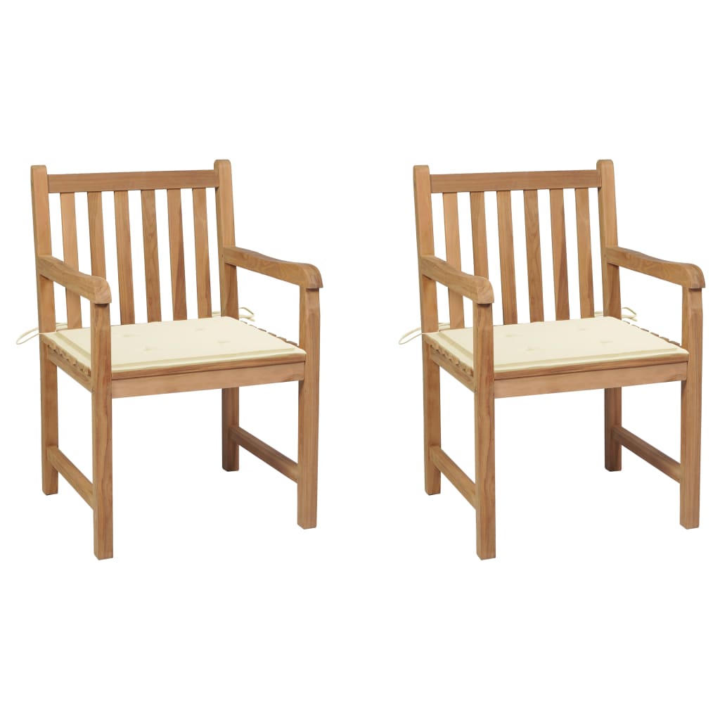 Set de 2 scaune de exterior cu perne, vidaXL, Lemn masiv de tec si poliester, 58 x 60 x 90 cm, Maro/Perne crem
