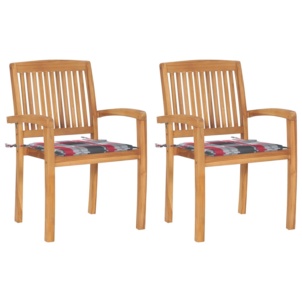 Set de 2 scaune de exterior, vidaXL, Lemn de tec/Poliester, 60 x 57,5 x 90 cm, 4 cm, Maro miere-Perne model carouri gri/rosu