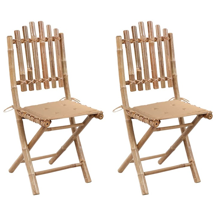 Set scaune de gradina pliabile vidaXL, cu perne, 2 buc., bambus 3063990