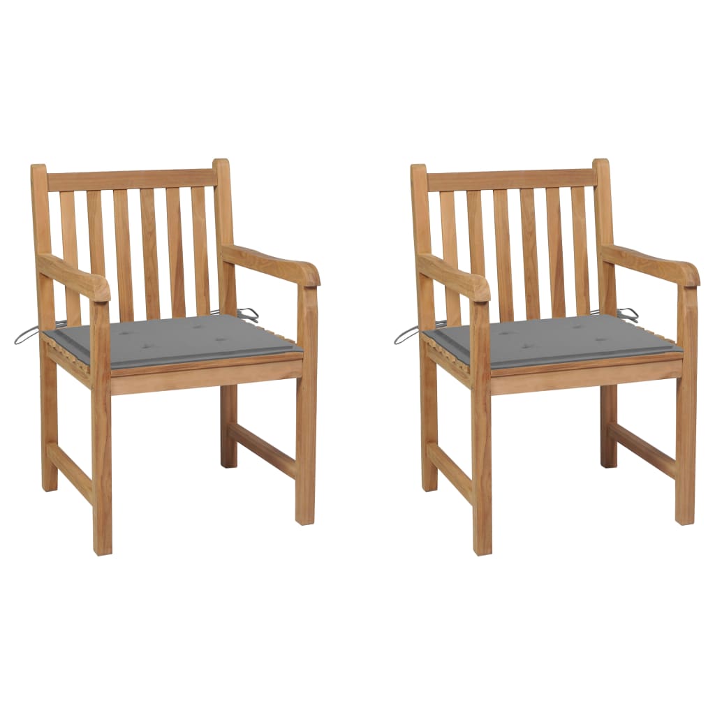 Set de 2 scaune de exterior cu perne, vidaXL, Lemn masiv de tec si poliester, 58 x 60 x 90 cm, Maro/Perne gri deschis