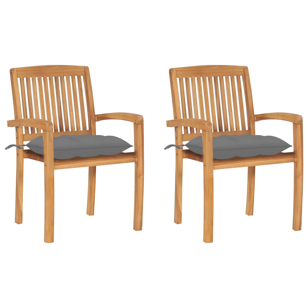 Set de 2 scaune de exterior, vidaXL, Lemn de tec/Poliester, 60 x 57,5 x 90 cm, 7 cm, Maro miere-Perne gri deschis