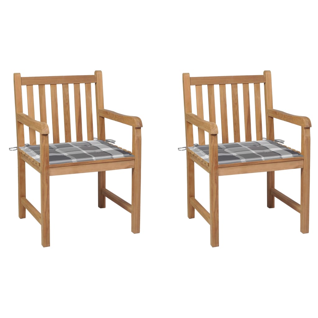 Set de 2 scaune de exterior cu perne, vidaXL, Lemn masiv de tec si poliester, 58 x 60 x 90 cm, Maro/Perne model carouri gri