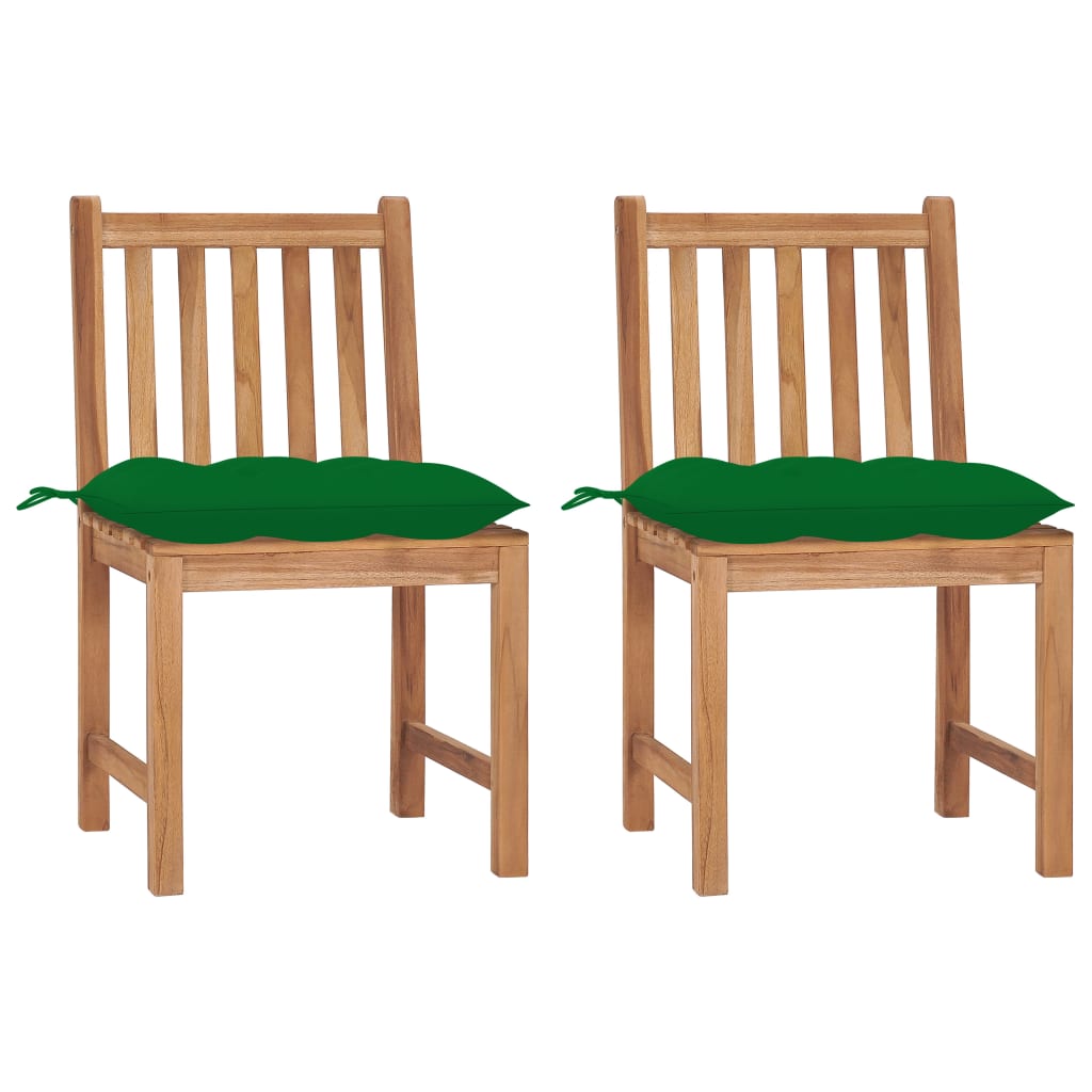Set de 2 scaune de exterior, vidaXL, Lemn de tec, 50 x 53 x 90 cm, 7 cm, Maro miere-Perne verde