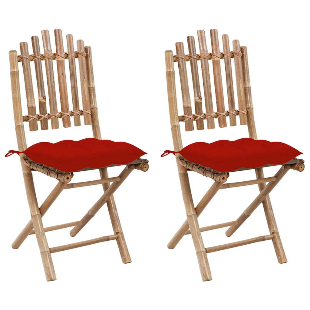 Set de 2 scaune pliabile de gradina, vidaXL, Bambus-textil, 50 x 42 x 92 cm, 7 cm, Maro-Perne rosu